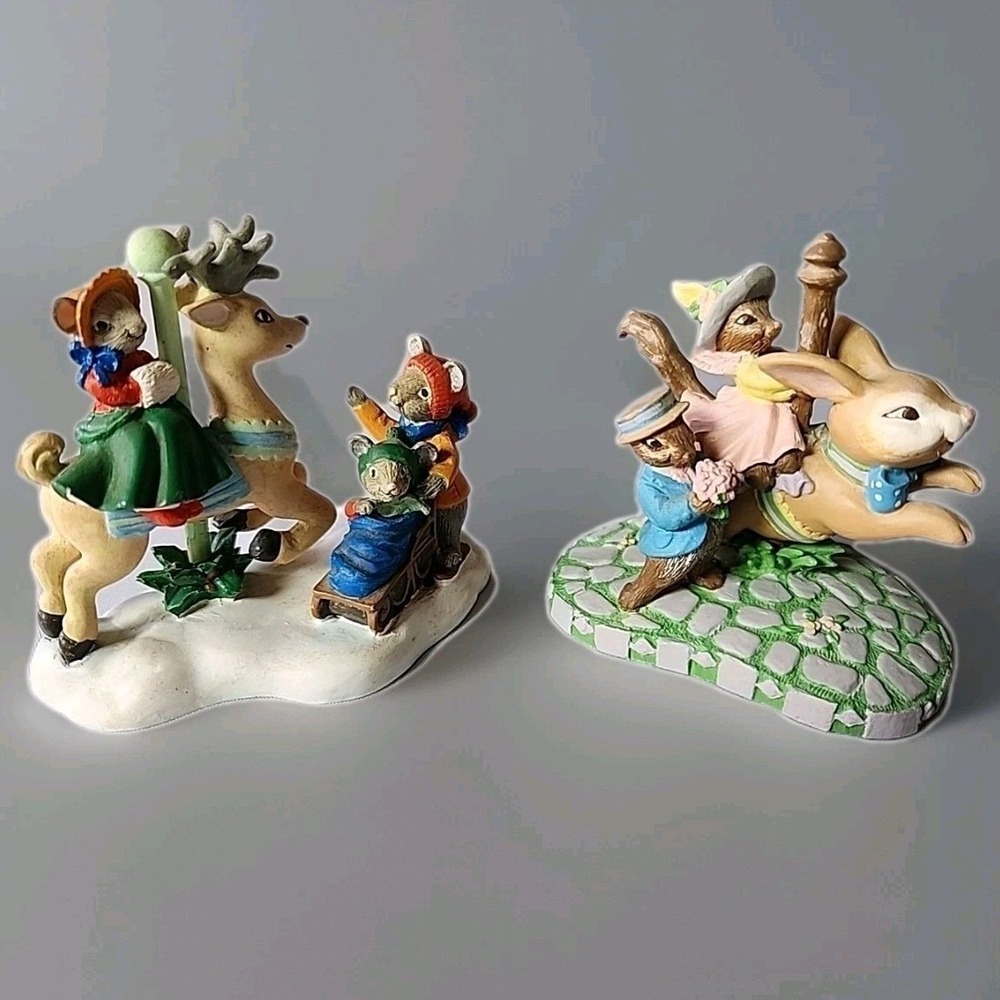 Set 2 Vintage 1993 Avon Kathy Jeffers Carousel Mouse & Reindeer Rabbit Figurines